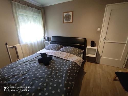 Un dormitorio con una cama con un objeto negro. en Felhő Apartman, en Balatonfüred