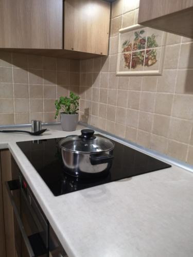 a pot on a stove top in a kitchen at Apartament Mariacka in Nysa