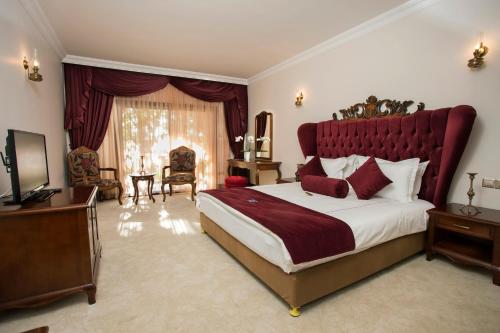 a bedroom with a large bed with a red headboard at Le Chateau Lambousa in Kérynia