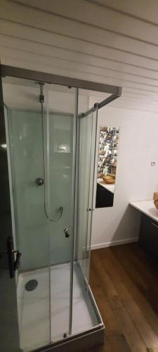 a shower in a bathroom with a glass door at T3 tout confort pour 6 couchages in Hazebrouck