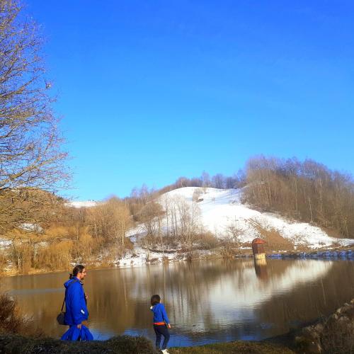 two children walking by a lake in the snow at RUSTIC SEJOUR,Roşia Montana in Roşia Montană