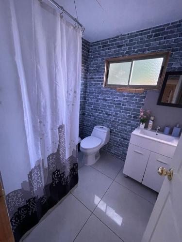a bathroom with a toilet and a shower curtain at Ruka Huilipan in Nueva Imperial