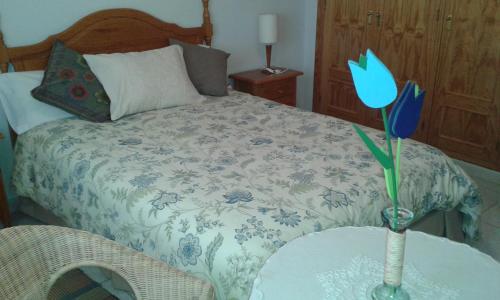 a bedroom with a bed and a table with a vase on it at Apartamentos Rascafria Cerquilla in Rascafría
