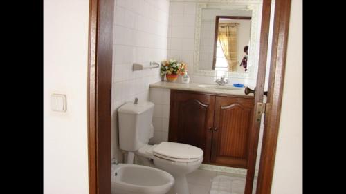 ein Badezimmer mit einem WC, einem Waschbecken und einem Spiegel in der Unterkunft Apartamento na praia do Carvoeiro in Carvoeiro