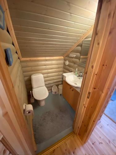 a small bathroom with a toilet and a sink at Luoston Väärtin Kammi in Luosto