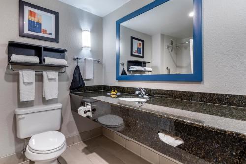 a bathroom with a sink and a toilet and a mirror at Best Western Plus Castlerock Inn & Suites in Bentonville
