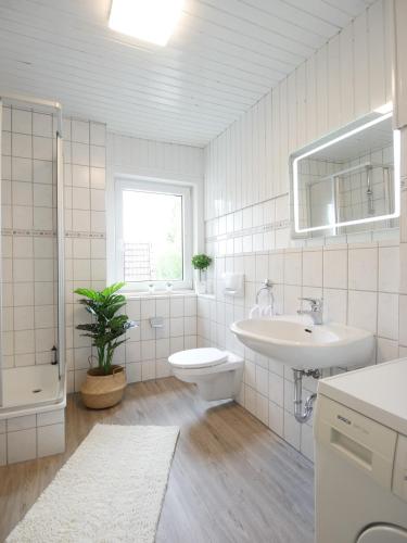 a white bathroom with a sink and a toilet at EUPHORAS - Gemütliches Apartment in zentraler Lage in Clausthal-Zellerfeld