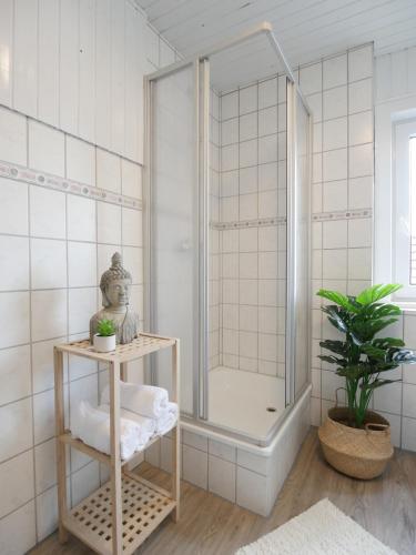 a white bathroom with a shower and a plant at EUPHORAS - Gemütliches Apartment in zentraler Lage in Clausthal-Zellerfeld
