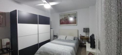 - une chambre avec un lit et un ventilateur de plafond dans l'établissement lola.- HABITACION DE MATRIMONIO, CON BAÑO PRIVADO, à Grenade