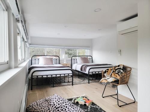 a room with three bunk beds and a couch at Hideaway Lodge - Glen Lake, Lake George in Lake George