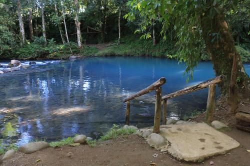 a river with a wooden bench in front of it at Hotel SueñoReal RioCeleste in Rio Celeste
