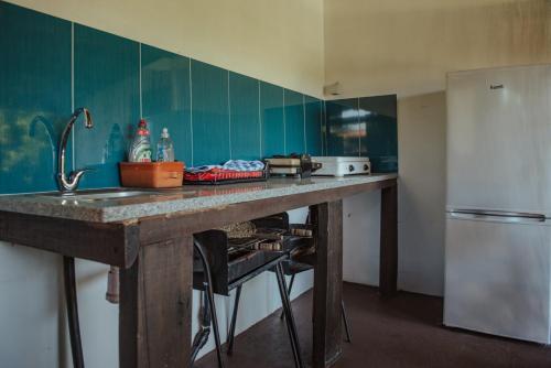a kitchen with a counter and a refrigerator at Casa de Marlães in Lousada