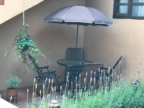 a table and chairs with an umbrella and some plants at Casa de las Escaleras in Pátzcuaro