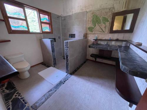 a bathroom with a sink and a shower and a toilet at Villas Adriana, Palenque in Palenque