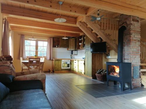 a living room with a fireplace and a couch at Cottage Golenovo in Podvelka