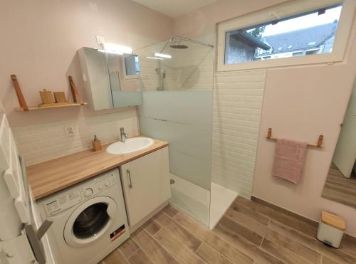 a bathroom with a washing machine and a sink at Superbe Duplex en plein cœur de Crépy-en-Valois in Crépy-en-Valois