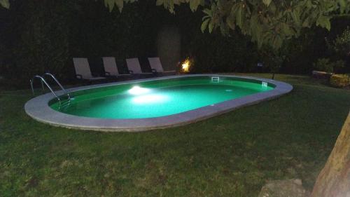 a swimming pool in the yard at night at Casa de Marlães in Lousada