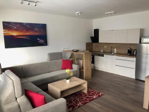 a living room with a couch and a kitchen at Papeto in Frymburk