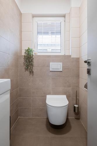 a bathroom with a toilet and a window at Apartmány ZaBukem in Mlýnický Dvŭr