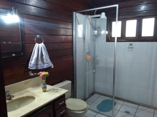 ein Bad mit einer Dusche, einem WC und einem Waschbecken in der Unterkunft Família Capetti in Bauru