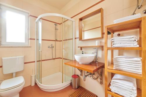 a bathroom with a shower and a toilet and a sink at VILLA AX in Umag