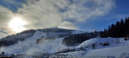 a snow covered mountain with the sun in the sky at Ferienwohnung Wildgatter in Grafenwiesen