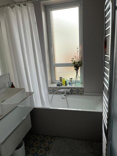 bagno con vasca e finestra di Appartement de charme 77 m2 proche commodités a Chamalières