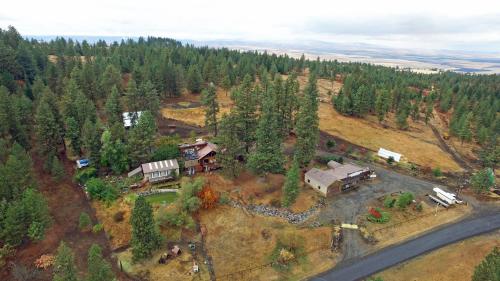 an aerial view of a house in the forest at Whitebird Summit Lodge in Grangeville