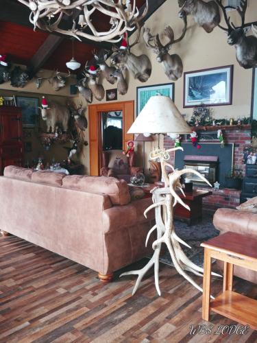 a living room with a couch and a table with a lamp at Whitebird Summit Lodge in Grangeville