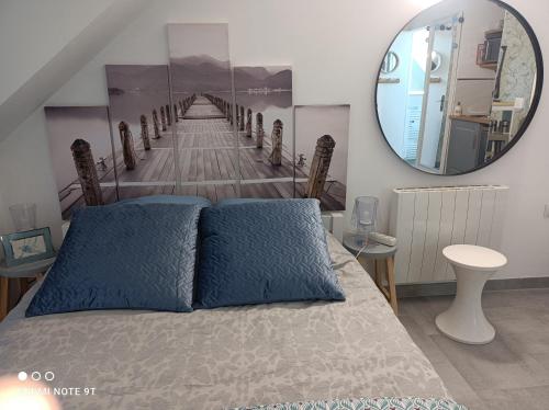 1 dormitorio con cama y espejo grande en Très beau studio Climatisation, Trois Etoiles, WiFi, Vélos en option, Parking Privé Jardin en Montargis