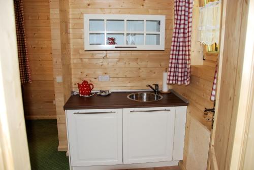 eine kleine Küche mit einem Waschbecken und einem Fenster in der Unterkunft Landgasthof Gänsberg in Wiesloch