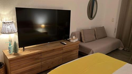 ein Wohnzimmer mit einem großen TV und einem Bett in der Unterkunft Résidence Savane in Le Gosier