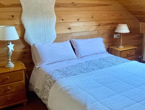 a bedroom with a blue bed with two night stands at Cal Quimet in Rialp