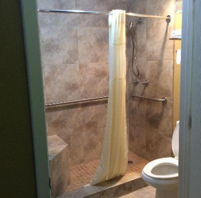 a bathroom with a shower with a toilet at Americas Best Value Inn Schulenburg in Schulenburg