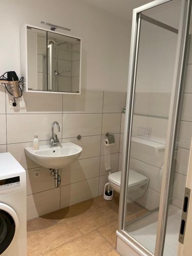 ein Badezimmer mit einem Waschbecken, einem WC und einem Spiegel in der Unterkunft Lotus in Plettenberg