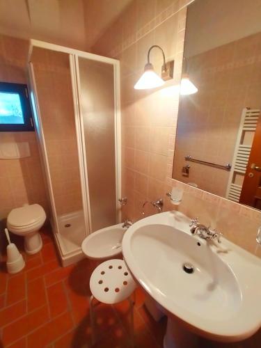 a bathroom with a sink and a toilet and a shower at San Lorenzo Agriturismo in Buonconvento