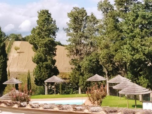 a swimming pool with umbrellas and trees at San Lorenzo Agriturismo in Buonconvento