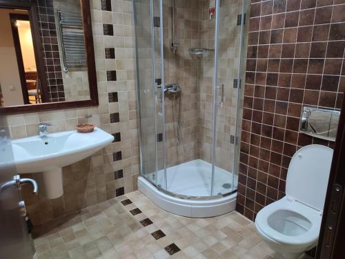 uma casa de banho com um chuveiro, um WC e um lavatório. em Hotel ALPIN - apartament 704 em Poiana Brasov