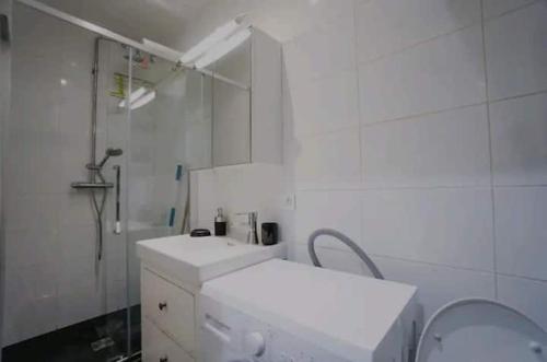 une salle de bain blanche avec un lavabo et une douche dans l'établissement Superbe appartement cosy, à Saint-Ouen