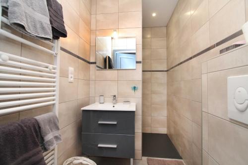 ein Bad mit einem Waschbecken und einem Spiegel in der Unterkunft Gite-les-myrtilles in Corcieux