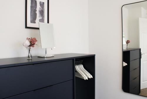 Vestidor negro con espejo en una habitación en Abingdon - Private Flat with Garden & Parking 01 en Abingdon