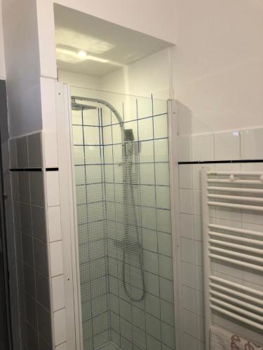 a shower in a bathroom with a glass door at Gites de l'aven in Orgnac-lʼAven