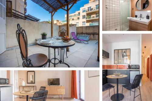un collage de photos d'une cuisine et d'une maison dans l'établissement Bain de Soleil ! Terrasse Clim Wifi Netflix, à Marseille