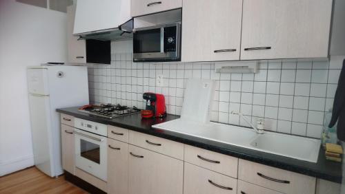 une cuisine avec des armoires blanches et un comptoir noir dans l'établissement Le Loubens, à Arette