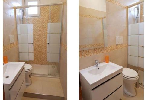 twee foto's van een badkamer met toilet en wastafel bij Trilo Torre dell Orso 5 posti Pt33 in Torre dell'Orso