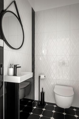 a bathroom with a sink and a toilet and a mirror at Słone Residence Apartamenty & Beer SPA in Kudowa-Zdrój