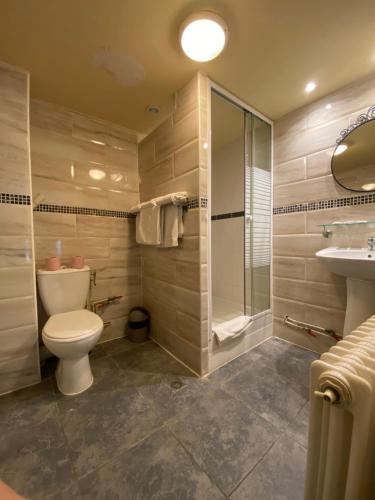 La salle de bains est pourvue de toilettes et d'un lavabo. dans l'établissement Grand Hôtel de Clermont, à Paris