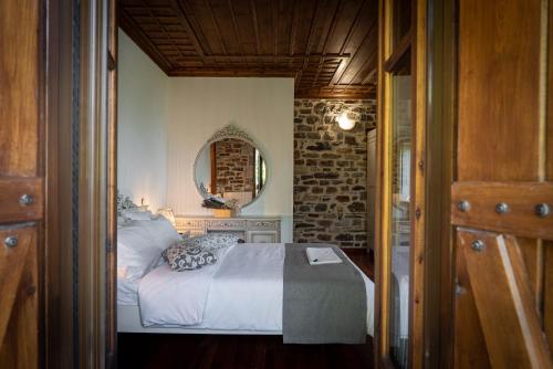 a bedroom with a bed and a mirror on the wall at Helene Eco Luxury Villa in Tsagarada