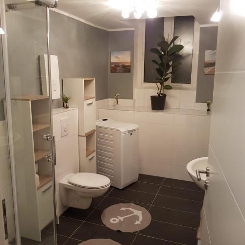 a bathroom with a toilet and a sink and a shower at Flensburg Zentrum 69 04 in Flensburg