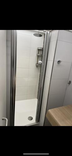 a shower with a glass door in a bathroom at ChillingHouse Apartments Siegburg in Siegburg